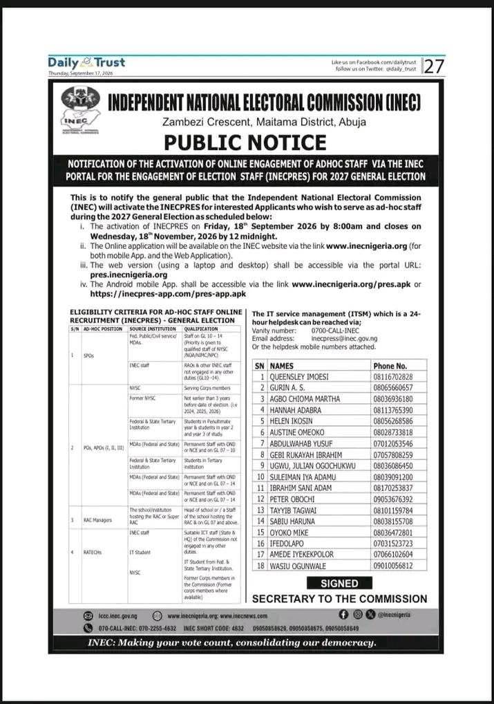 INEC Adhoc Staff Recruitment 2026